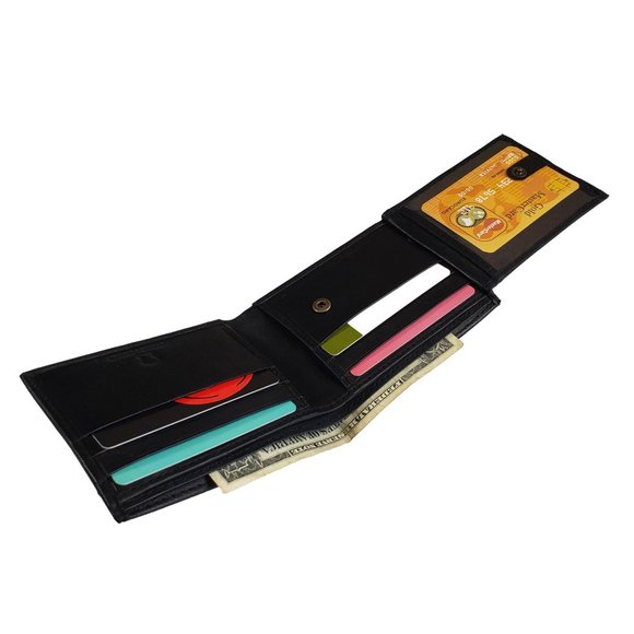 Men's Black Genuine Leather Bifold Traveler Wallet with Button NEW - Picture 10 of 10